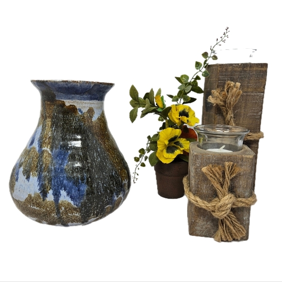 Studio Pottery Signed T. Gleason Earth Tones Blues & Browns Glazed Vase Medium - Picture 1 of 9